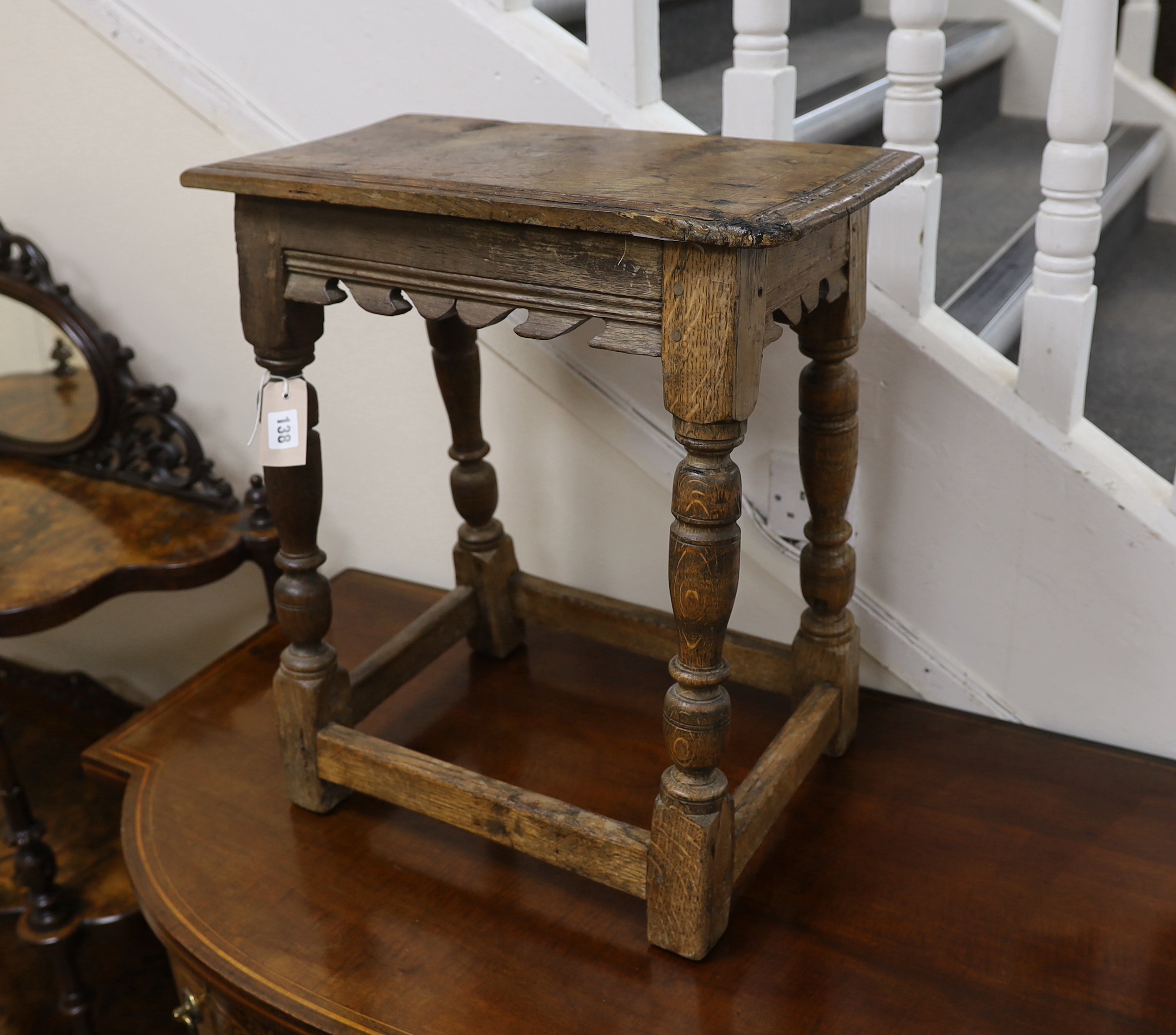 An 18th century style oak joint stool, width 47cm, depth 26cm, height 54cm